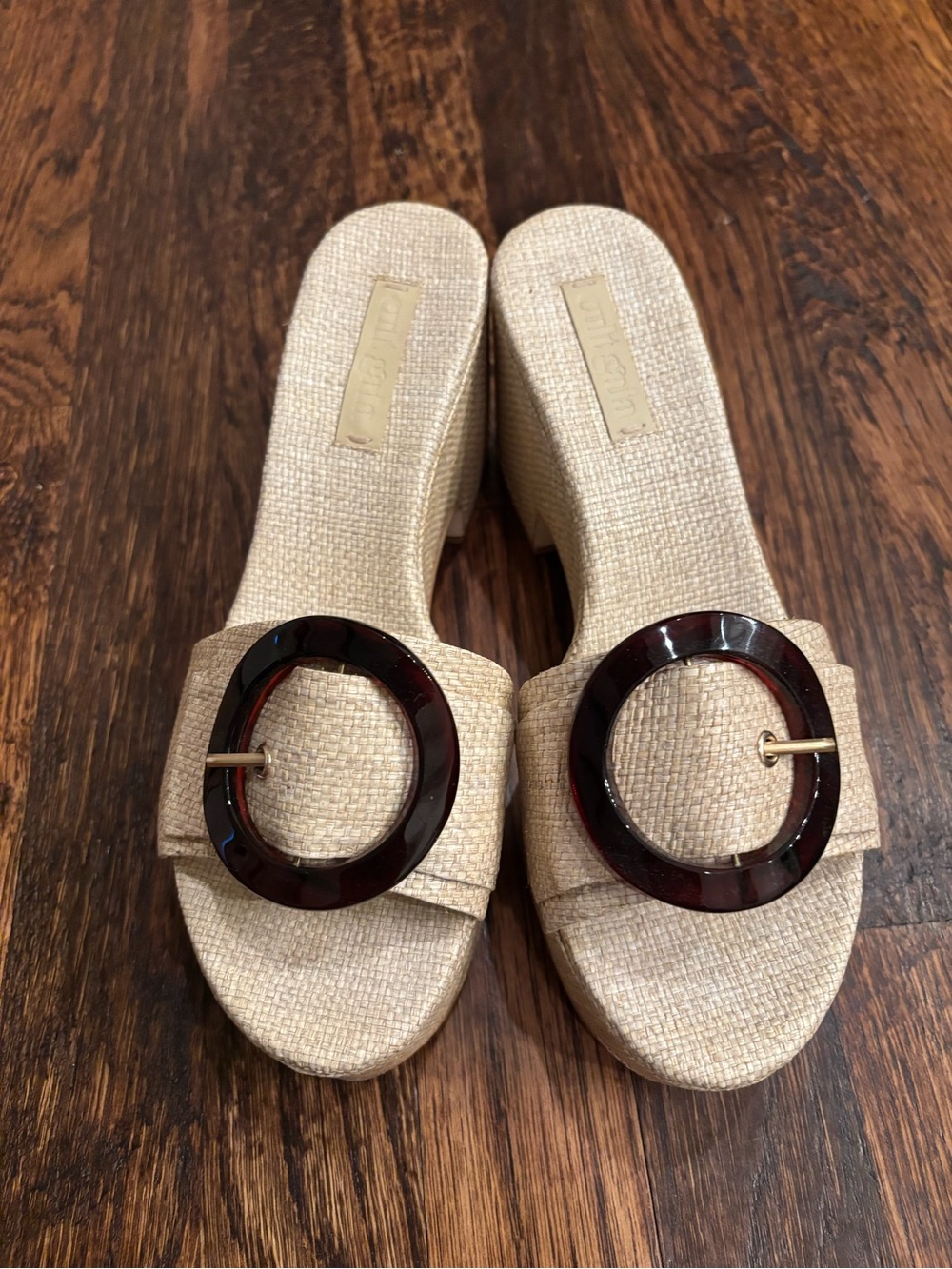 cult gaia Natural Raffia Slide Mules with Tortoiseshell Buckle